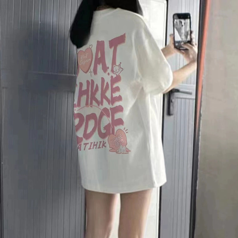 Sori Women's Oversized Pink+White  Graphic T-Shirt